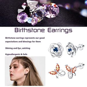 THUNARAZ Hypoallergenic Birthstone Stud Earrings for Women Butterfly Flower Heart CZ Screw Back Earrings Jewelry Gift for Birthday Christmas