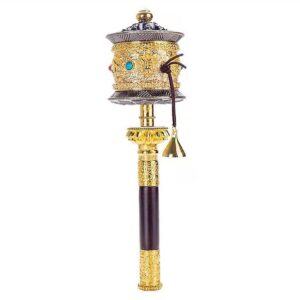 copper large hand held prayer wheel with tibetan buddhist six-character truth premium buddha scriptures, wooden handle prayer wheel for praying, blessing, meditation, healing, relaxing, yoga