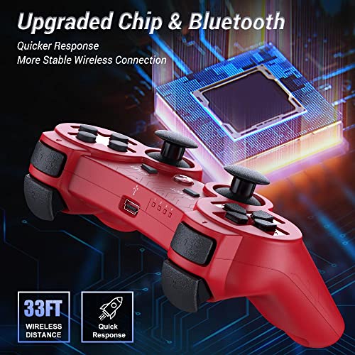 OKHAHA Controller 2 Pack for PS3 Wireless Controller for Sony Playstation 3, Double Shock 3, Bluetooth, Rechargeable, Motion Sensor, Remote for PS3 (With Stripes(Blue + Red))