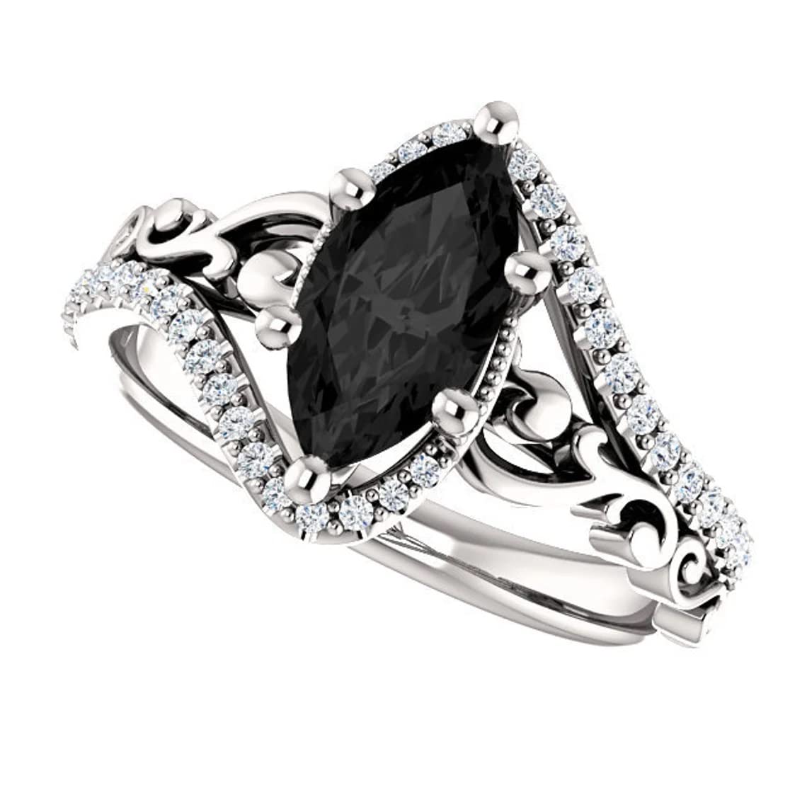 Vintage 3.5 CT Marquise Cut Onyx Black Diamond Art Deco Wedding Ring for Women in 925 Sterling Silver White Gold or Rose Gold or Yellow Gold Finish (Silver, 7.5)