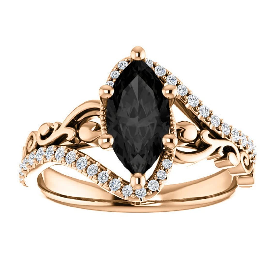 Vintage 3.5 CT Marquise Cut Onyx Black Diamond Art Deco Wedding Ring for Women in 925 Sterling Silver White Gold or Rose Gold or Yellow Gold Finish (Rose Gold, 8)