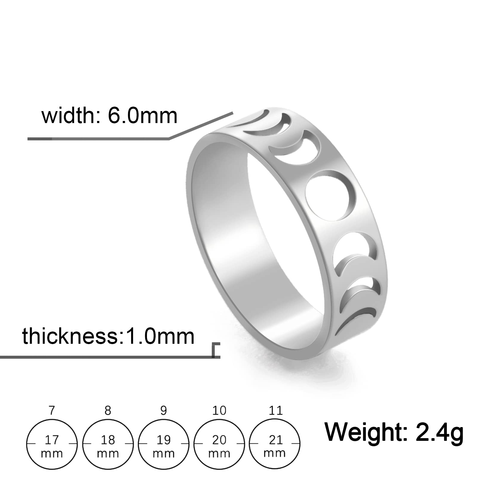 Amaxer Minimalist Phase of the Moon Rings Women Stainless Steel Geometric Crescent Moon Finger Ring Lady Men Gifts (Silver, 8)