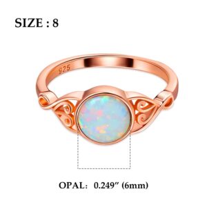 Gemsme 925 Sterling Silver Ring for Women 14K Rose Gold Plated 6MM Round Cut Created Opal White Opal Band Rings Engagement Promise Ring Jewelry Size 5