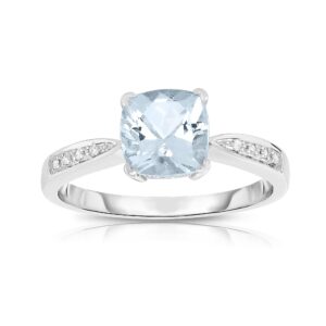 kokav genuine aquamarine 1-1/4 ct cushion diamond ring in 14k white gold, size 7