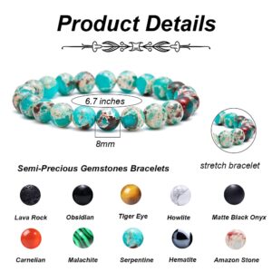 BOMAIL 10Pcs 8mm Natural Stone Beaded Bracelet Set for Men Women Semi-Precious Gemstone Beads Bracelets Matte Lava Rock Volcanic Tiger Eye Stone Yoga Healing Energy Crystal Stretch Bracelets Set