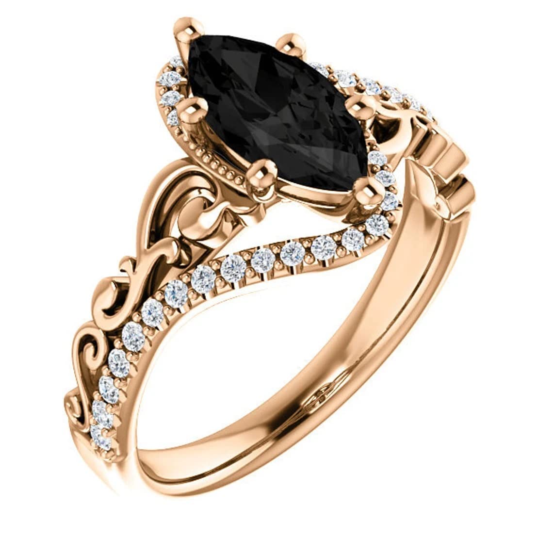 Vintage 3.5 CT Marquise Cut Onyx Black Diamond Art Deco Wedding Ring for Women in 925 Sterling Silver White Gold or Rose Gold or Yellow Gold Finish (Rose Gold, 8)