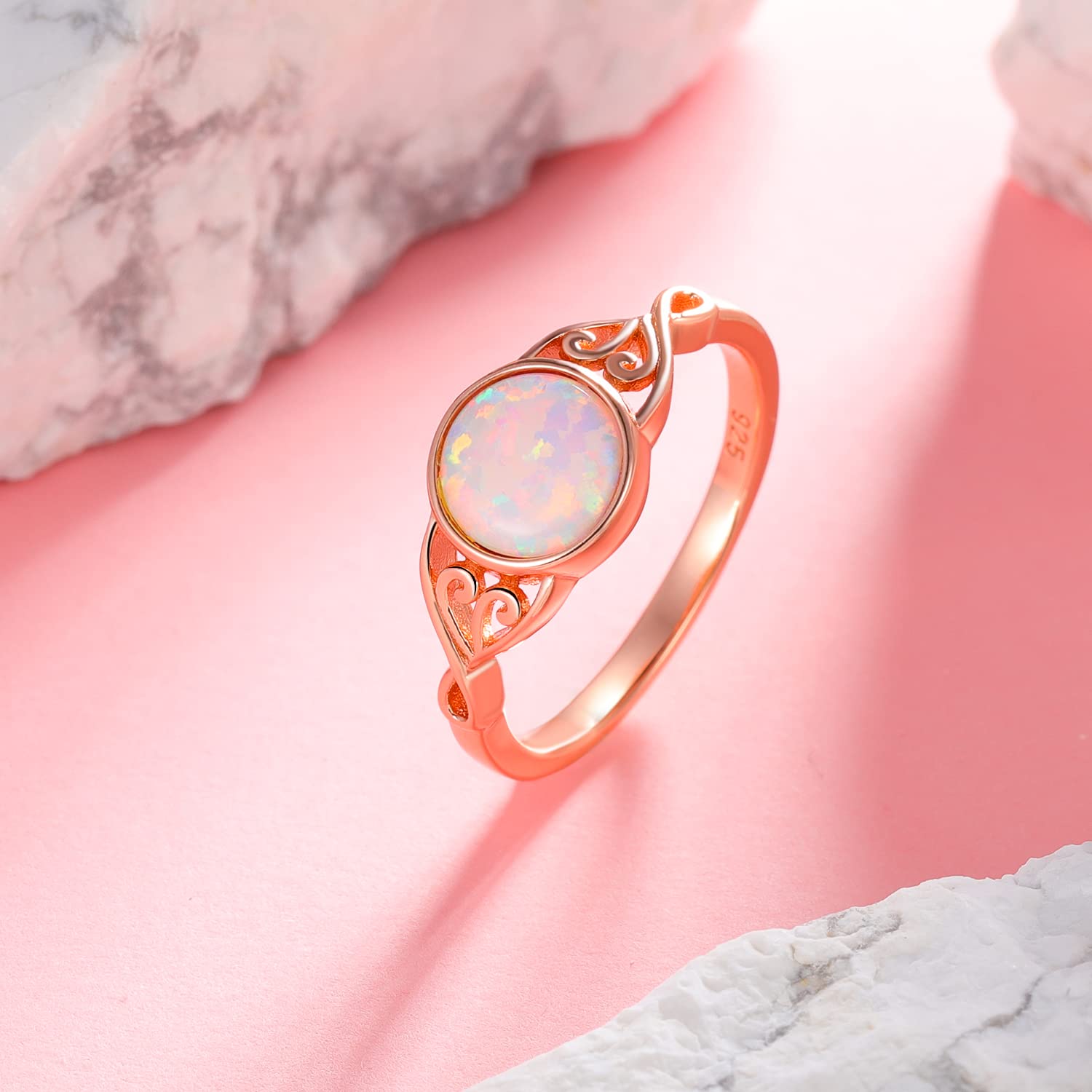 Gemsme 925 Sterling Silver Ring for Women 14K Rose Gold Plated 6MM Round Cut Created Opal White Opal Band Rings Engagement Promise Ring Jewelry Size 5