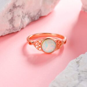 Gemsme 925 Sterling Silver Ring for Women 14K Rose Gold Plated 6MM Round Cut Created Opal White Opal Band Rings Engagement Promise Ring Jewelry Size 5