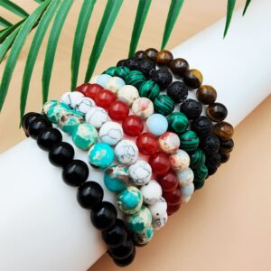 BOMAIL 10Pcs 8mm Natural Stone Beaded Bracelet Set for Men Women Semi-Precious Gemstone Beads Bracelets Matte Lava Rock Volcanic Tiger Eye Stone Yoga Healing Energy Crystal Stretch Bracelets Set