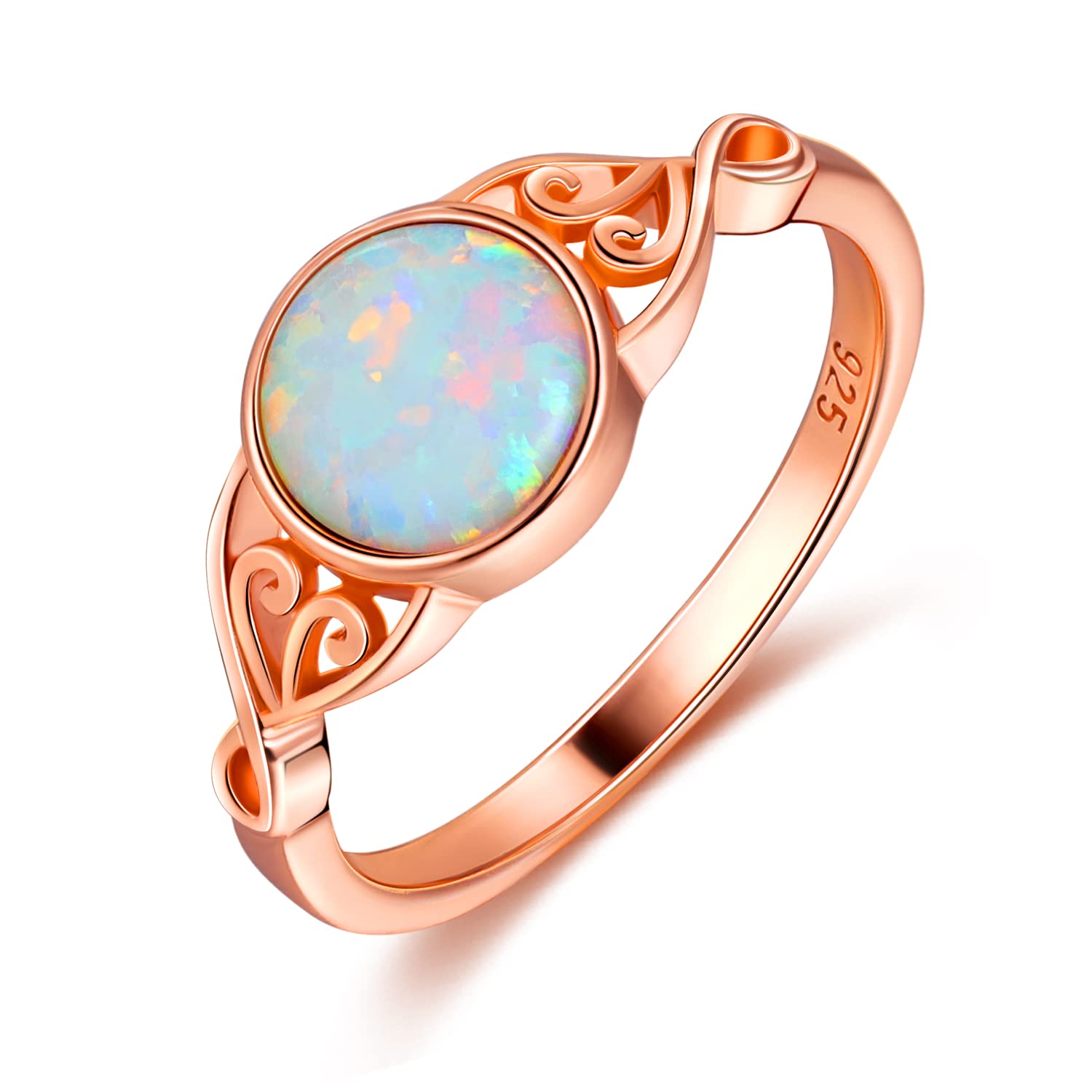 Gemsme 925 Sterling Silver Ring for Women 14K Rose Gold Plated 6MM Round Cut Created Opal White Opal Band Rings Engagement Promise Ring Jewelry Size 5