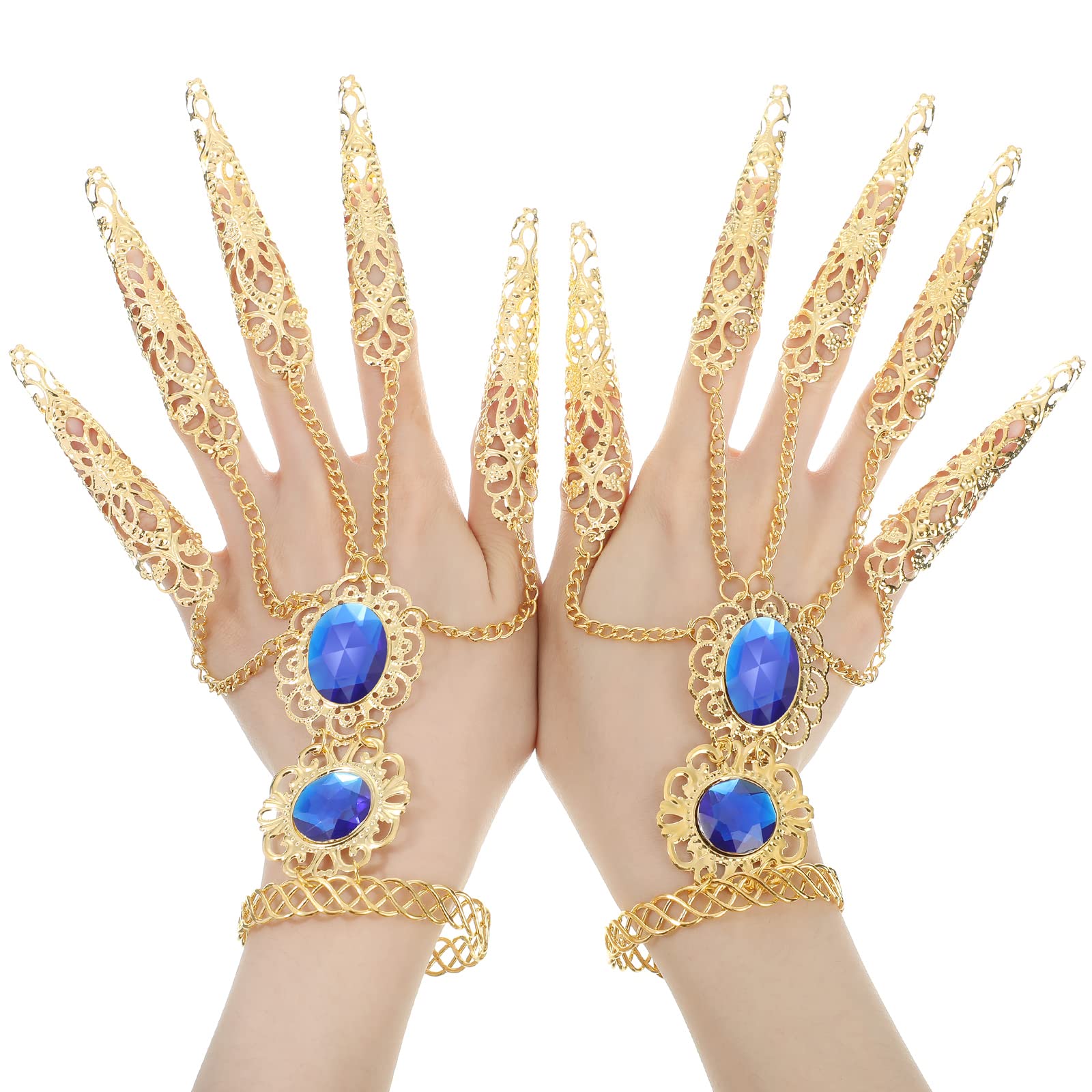 Maitys 2 Pcs Gold Bracelets Inlaid with Acrylic Women Belly Dance Gypsy Egyptian Bracelet with Finger Nails Halloween Costume (Sapphire)