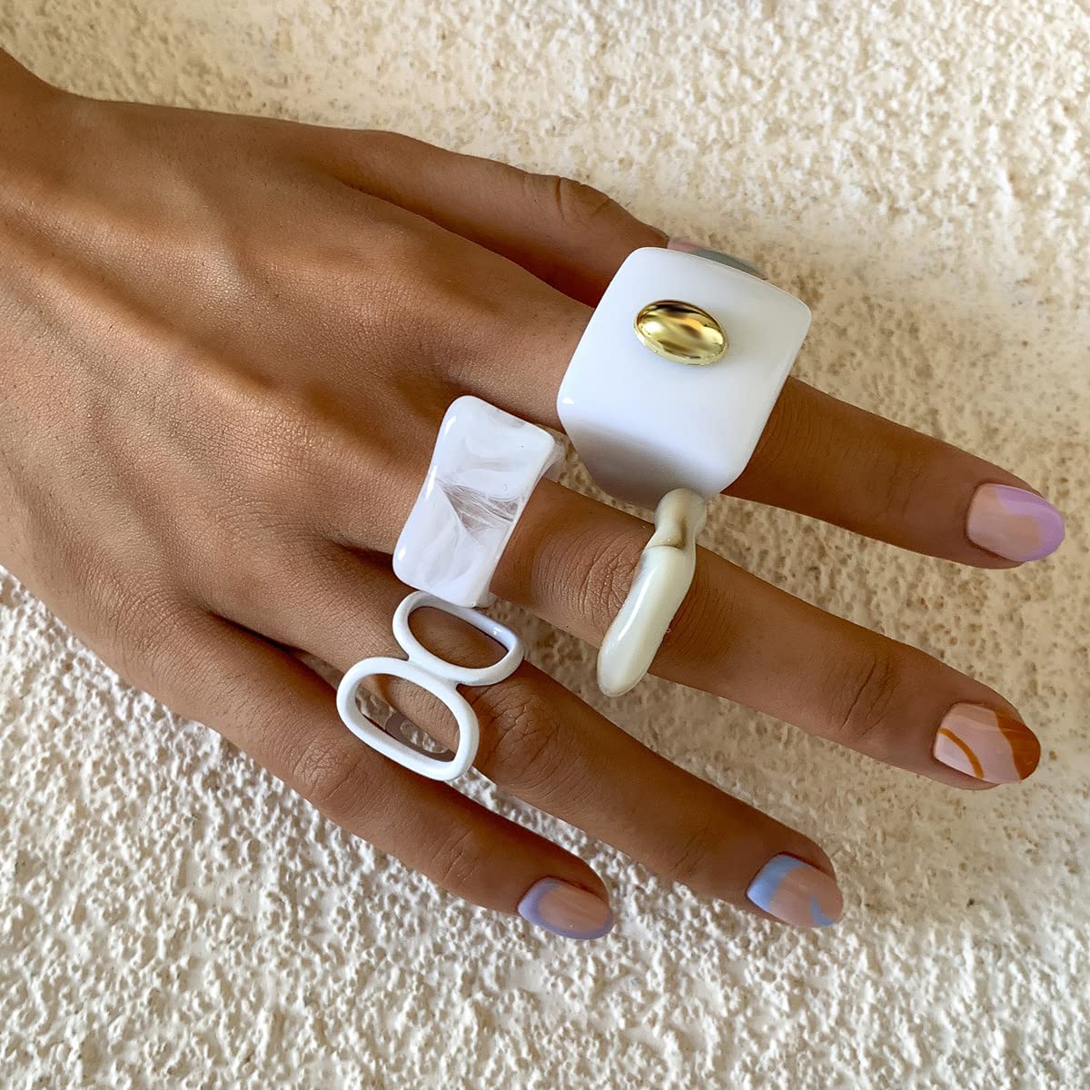 JWICOS 4Pcs White Fashion Finger Rings Joint Knuckle Rings Set Fashion Minimalist Resin Acrylic Round Rings for Women