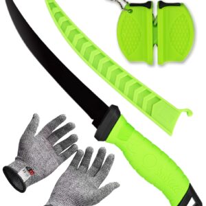 Fish Fillet Knife, 7 Inches Professional Fishing Fillet Knife Set Stainless Steel Blade in Corrosion Resistant Coating, with Sharpener and Cutting Resistant Gloves, for Fishing and Outdoor, Green