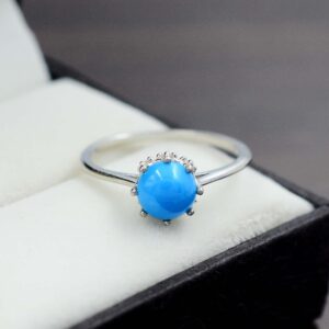 Natural Blue Sleeping Beauty Turquoise Cabochon Gemstone 7 MM Round 925 Sterling Silver December Birthstone Solitaire Unisex Proposal Ring For Engagement Gift (Rhodium Plated Silver, 7.5)