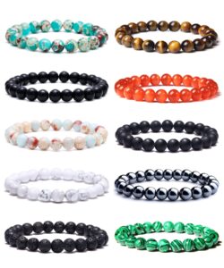 bomail 10pcs 8mm natural stone beaded bracelet set for men women semi-precious gemstone beads bracelets matte lava rock volcanic tiger eye stone yoga healing energy crystal stretch bracelets set