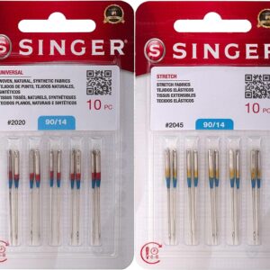 Singer 20 Counts :10-Pack Universal 2020 Sewing Machine Needles, Size 90/14 and Singer 10-Pack Stretch 2045 Sewing Machine Needles, Size 90/14 Bundle with Inceler Brand Plastic Bobbin