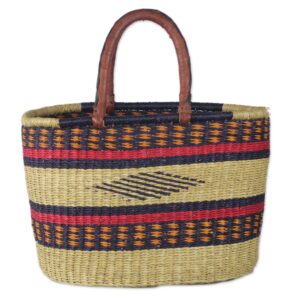 NOVICA Artisan Handmade Leather Accented Raffia Tote Bag Woven Natural Fiber with Strap Handbags Multicolor Patterned Materials Ghana ' Kite Basket'