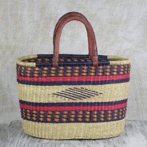 NOVICA Artisan Handmade Leather Accented Raffia Tote Bag Woven Natural Fiber with Strap Handbags Multicolor Patterned Materials Ghana ' Kite Basket'