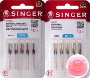 singer 20 counts :10-pack universal 2020 sewing machine needles, size 90/14 and singer 10-pack stretch 2045 sewing machine needles, size 90/14 bundle with inceler brand plastic bobbin