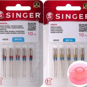 Singer 20 Counts :10-Pack Universal 2020 Sewing Machine Needles, Size 90/14 and Singer 10-Pack Stretch 2045 Sewing Machine Needles, Size 90/14 Bundle with Inceler Brand Plastic Bobbin