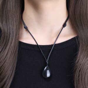 COAI Adjustable Leather Cord Teardrop Black Obsidian Necklace