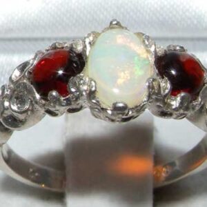 LetsBuyGold Ladies Solid Sterling Silver Natural Opal & Garnet English Victorian Trilogy Ring - Size 4.75