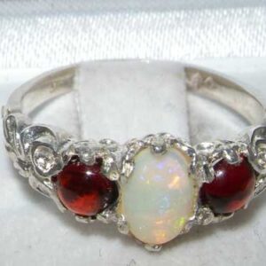 LetsBuyGold Ladies Solid Sterling Silver Natural Opal & Garnet English Victorian Trilogy Ring - Size 4.75