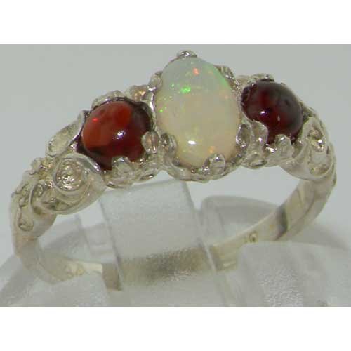 LetsBuyGold Ladies Solid Sterling Silver Natural Opal & Garnet English Victorian Trilogy Ring - Size 4.75