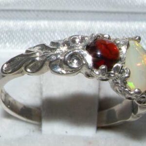 LetsBuyGold Ladies Solid Sterling Silver Natural Opal & Garnet English Victorian Trilogy Ring - Size 4.75