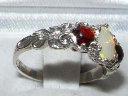 LetsBuyGold Ladies Solid Sterling Silver Natural Opal & Garnet English Victorian Trilogy Ring - Size 4.75