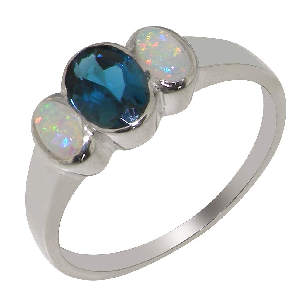 925 Sterling Silver Natural London Blue Topaz & Opal Womens Anniversary Ring - Size 8.75