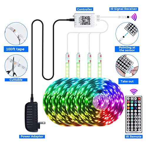 QZYL LED Lights for Bedroom 100 FT(4 Rolls), LED Strip Lights with App Control, Sync to Music 5050 RGB LED Lights with 44 Keys IR Remote, LED Lights for Room Party Home Decorations