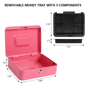 Kasten Cash Box With Money Tray and Key Lock, Money Organizer for Cash, 9.84"x 7.87"x 3.54", Medium Pink