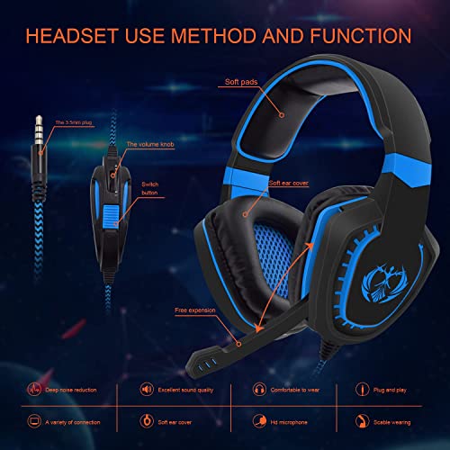 Anivia Computer Over Ear Headphones Wired with Microphone Updated AH28 3.5mm Stereo Headsets Gaming Headset with Volume Control, Noise Isolating for Multi-Platform, Black Blue