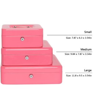 Kasten Cash Box With Money Tray and Key Lock, Money Organizer for Cash, 9.84"x 7.87"x 3.54", Medium Pink