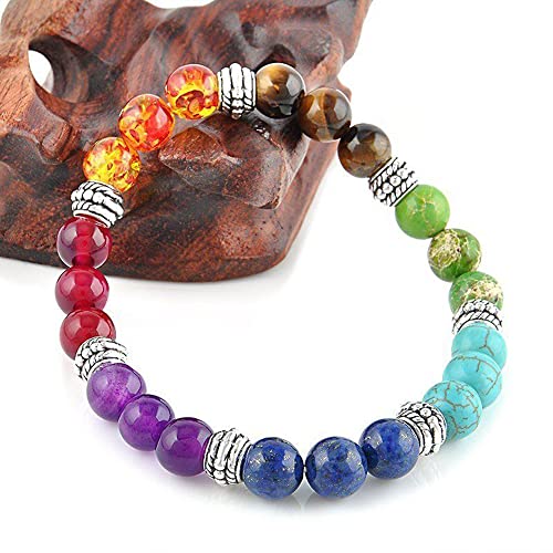 MOOSU Natural Fashion Seven Chakra Beaded Bracelet Alloy Peach Heart Chain Agate Crystal Strand (7 chakras)