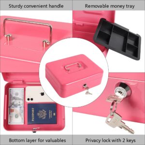 Kasten Cash Box With Money Tray and Key Lock, Money Organizer for Cash, 9.84"x 7.87"x 3.54", Medium Pink