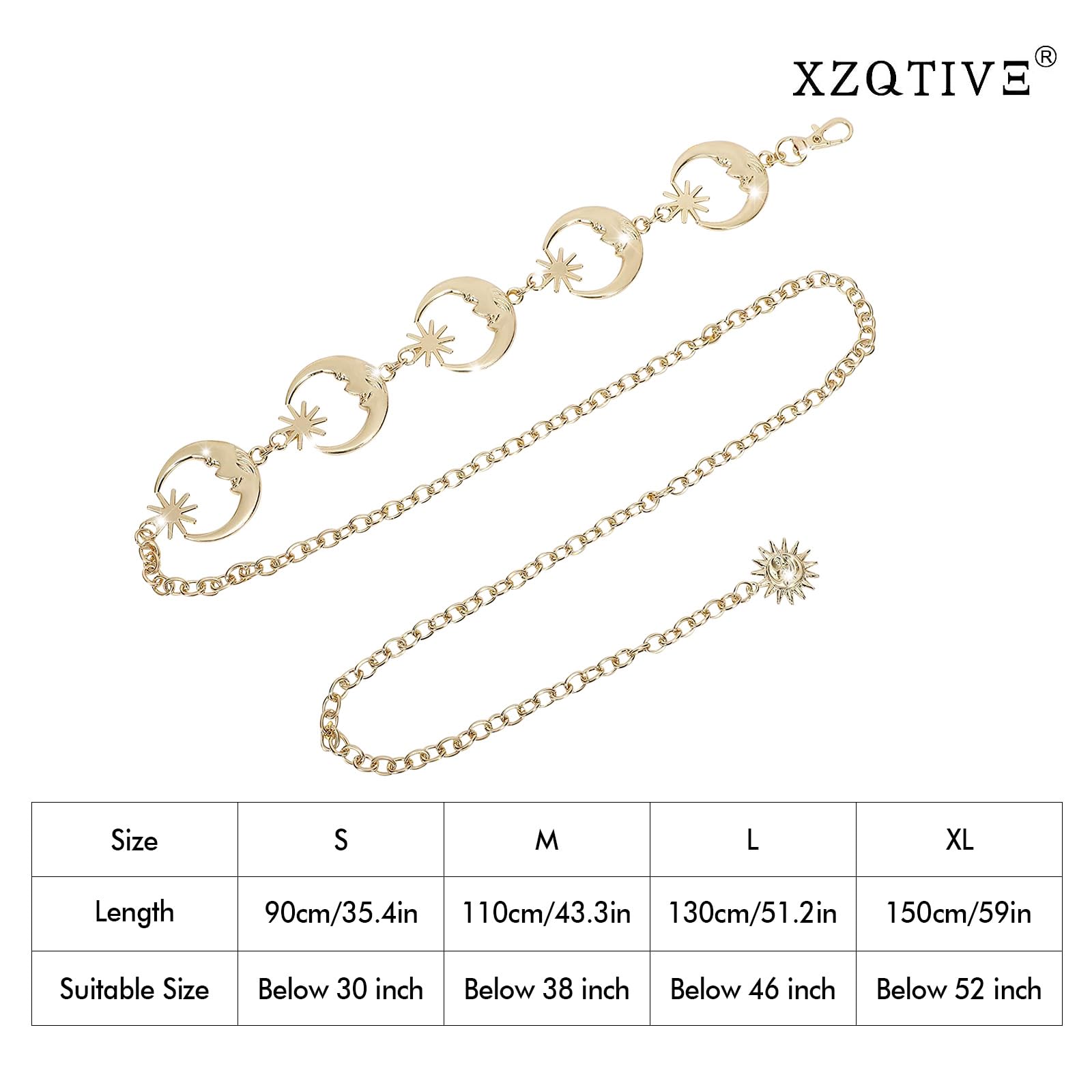 XZQTIVE Metal Gold/Silver Chain Belt for Women Dress Jeans Moon Sun Waist Chain Rhinestone Adjustable for Plus Size (Gold Moon, 130cm/51.2inch)