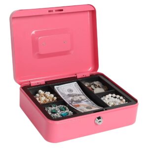 kasten cash box with money tray and key lock, money organizer for cash, 9.84"x 7.87"x 3.54", medium pink