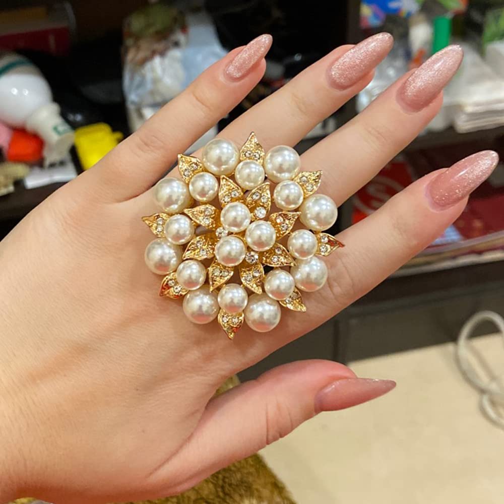 VQ Boho Elegant Faux Pearl Big Adjustable Women Ring Gold Color Vintage Finger Knuckle Girl Jewelry 6x2.5cm