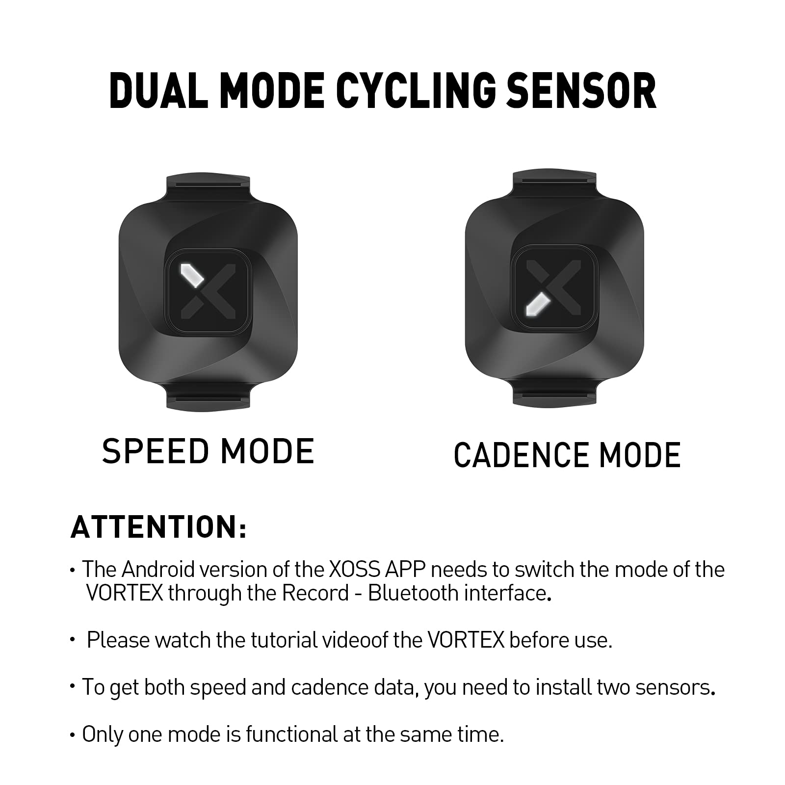 XOSS Vortex Cadence and Speed Sensor Wireless IPX7 Waterproof - 300 Hours Dual Modes Bike Sensor ANT+/Bluetooth 4.0 Compatible for Cycling Computer - 2 Pack