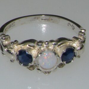 925 Sterling Silver Natural Opal and Sapphire Womens Trilogy Ring - Size 4.75