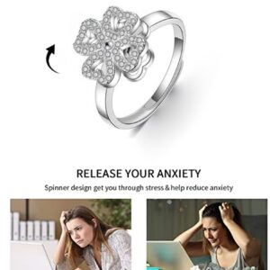 HMOOY Four Leaf Clover Rotating Ring,Lucky Leaf Engagement Open Ring Fashion Silver Anti Anxiety Ring for Women Fidget Rings for Relieving Stress Band Ring (Silver)