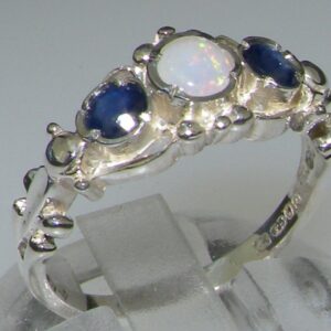 925 Sterling Silver Natural Opal and Sapphire Womens Trilogy Ring - Size 4.75