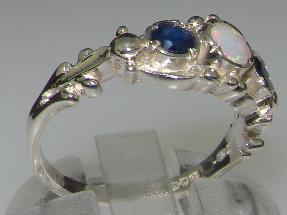 925 Sterling Silver Natural Opal and Sapphire Womens Trilogy Ring - Size 4.75