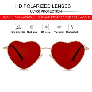 JOVAKIT Polarized Heart Sunglasses for Women Fashion Lovely Style Metal Frame UV400 Protection Lens (Gold/Red)