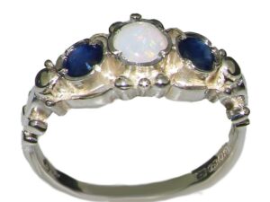 925 sterling silver natural opal and sapphire womens trilogy ring - size 4.75