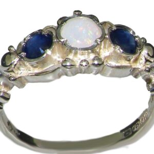 925 Sterling Silver Natural Opal and Sapphire Womens Trilogy Ring - Size 4.75