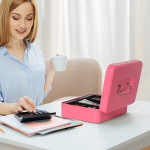 Kasten Cash Box With Money Tray and Key Lock, Money Organizer for Cash, 9.84"x 7.87"x 3.54", Medium Pink