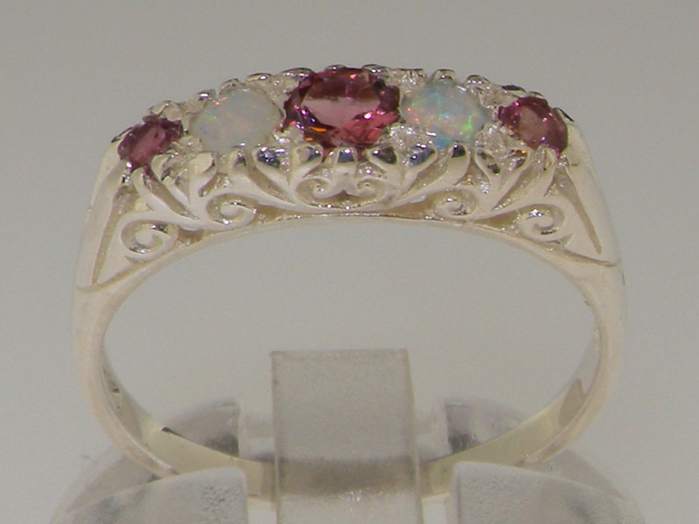 LetsBuyGold 925 Sterling Silver Natural Pink Tourmaline and Opal Womens Anniversary Ring - Size 8.25